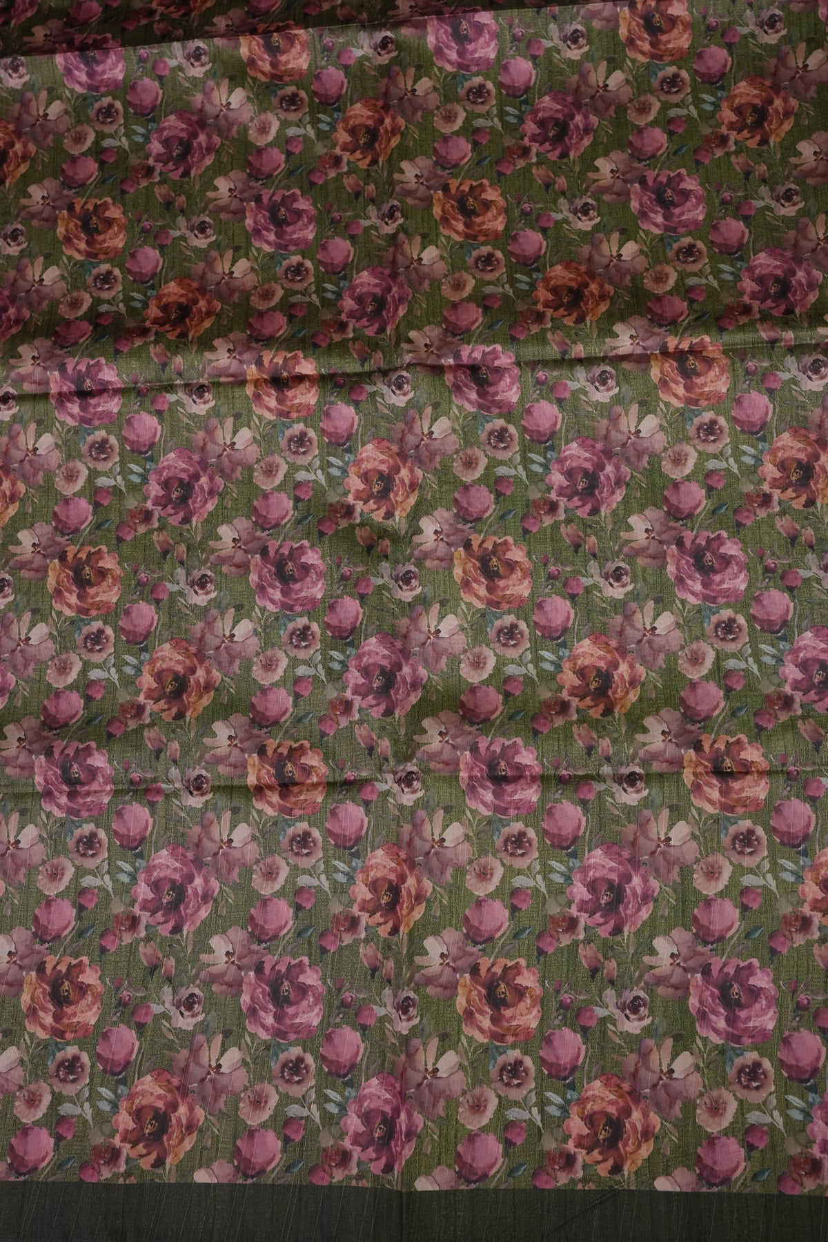 Semi Raw Silk Saree with Embroidered Body & Floral Borders – Olive Green