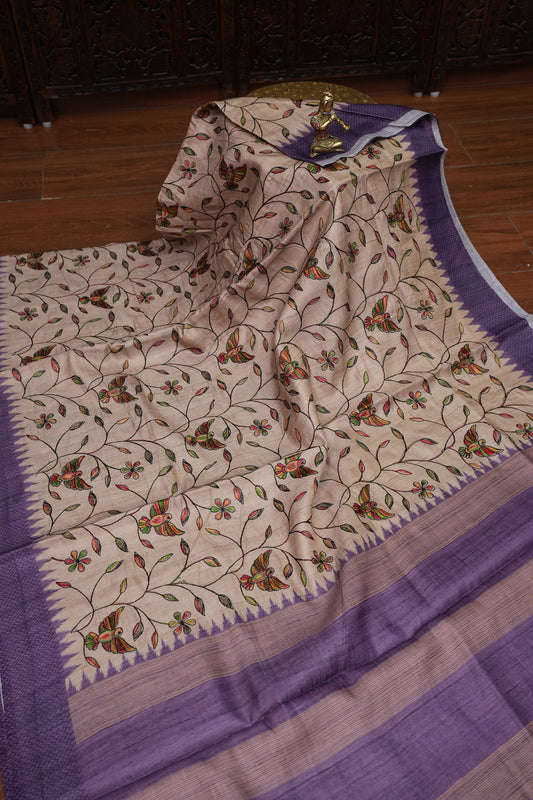 Semi Raw Silk Saree with Embroidered Body & Temple Borders – Beige & Lavender Purple