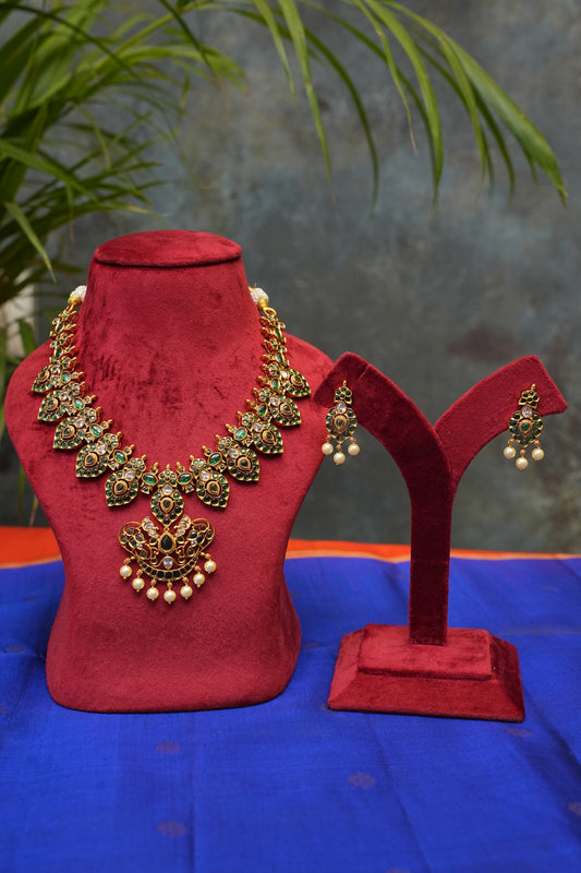 Antique Gold-Plated Emerald Stone Temple Jewellery Set