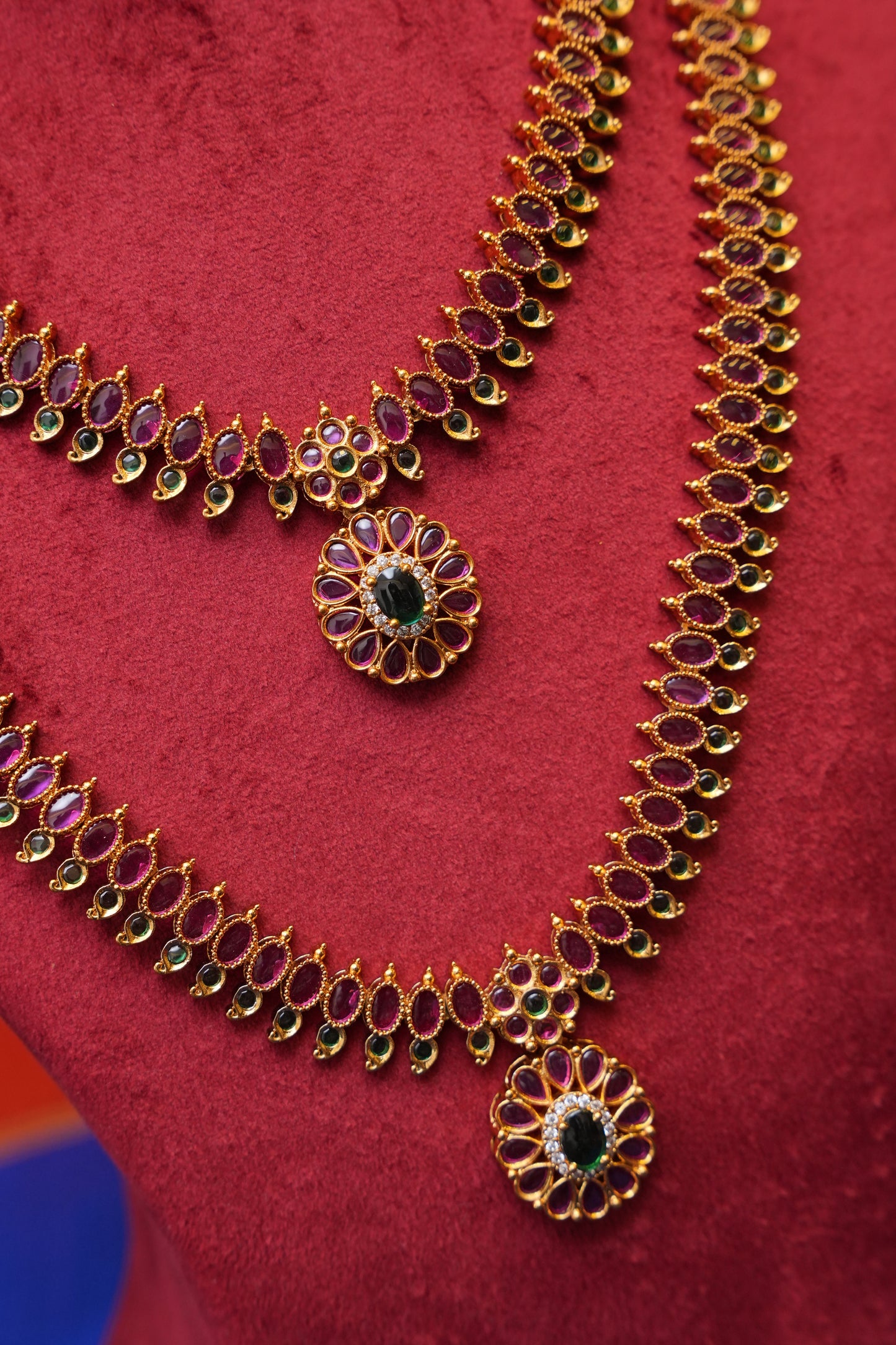Antique Gold-Plated Two-Layered Ruby Haaram Jewellery Set