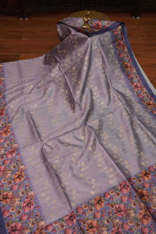 Semi Raw Silk Saree with Embroidered Body & Floral Border – Lavender Grey