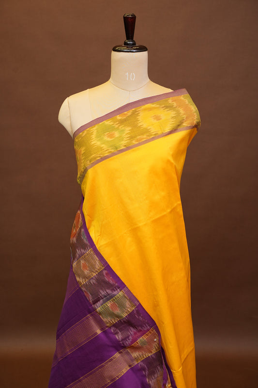 Ikkat Cotton Silk Saree - Yellow and Deep Purple