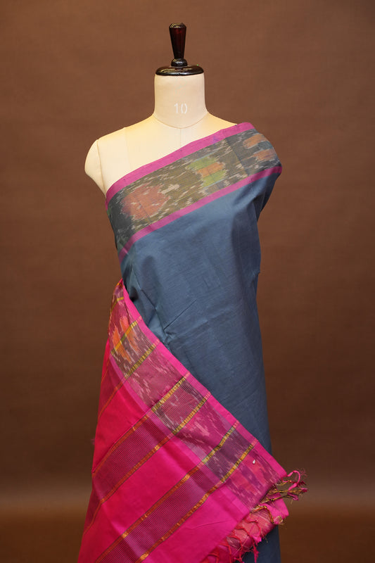 Ikkat Cotton Silk Saree - Grey and Pink