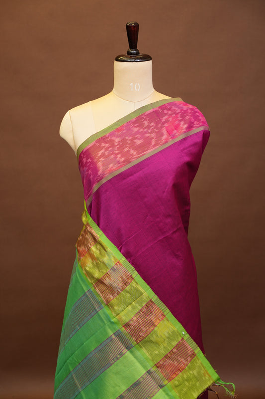 Ikkat Cotton Silk Saree - Magenta and Lime Green
