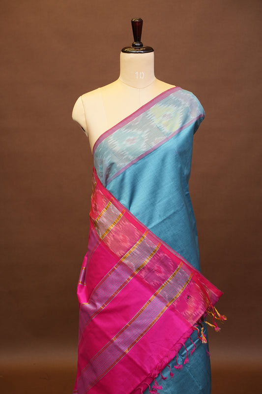 Ikkat Cotton Silk Saree - Sky Blue and Pink