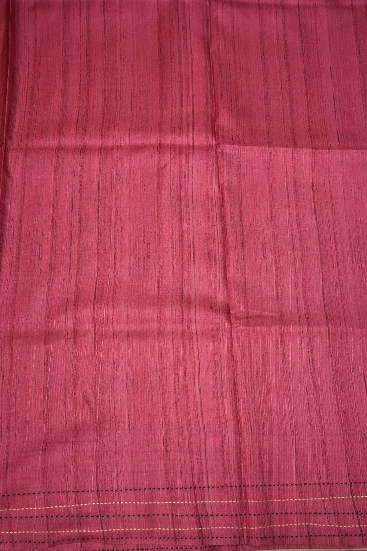 Soft Raw Silk Saree with Floral Prints & Contrast Kantha Stitch Print Border – Rust Orange & Rani Pink
