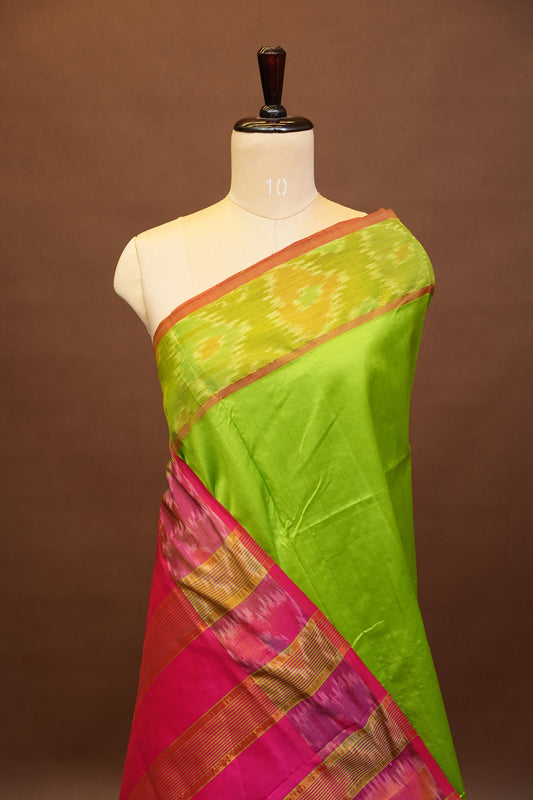 Ikkat Cotton Silk Saree - Lime Green and Pink