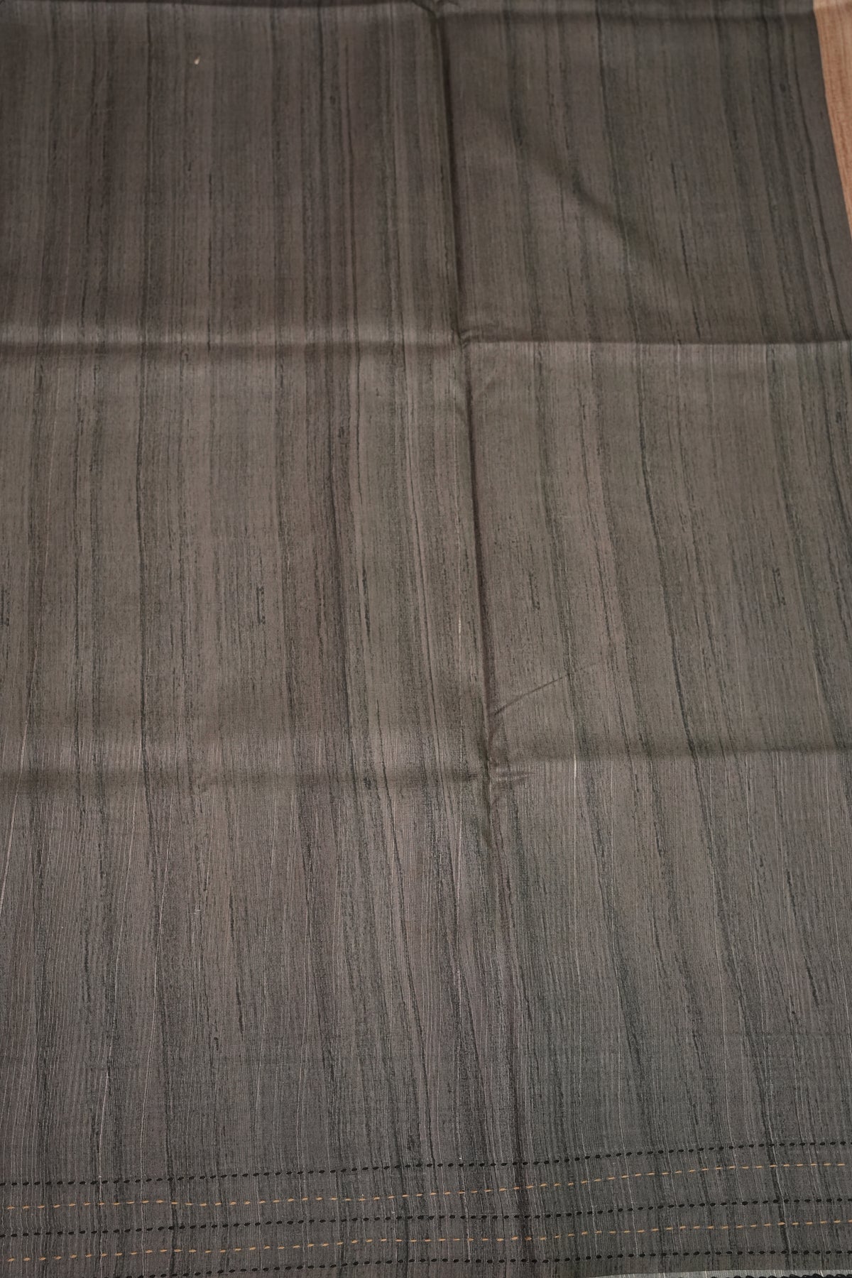 Soft Raw Silk Saree with Floral Prints & Contrast Kantha Stitch Print Border – Purple & Charcoal Grey
