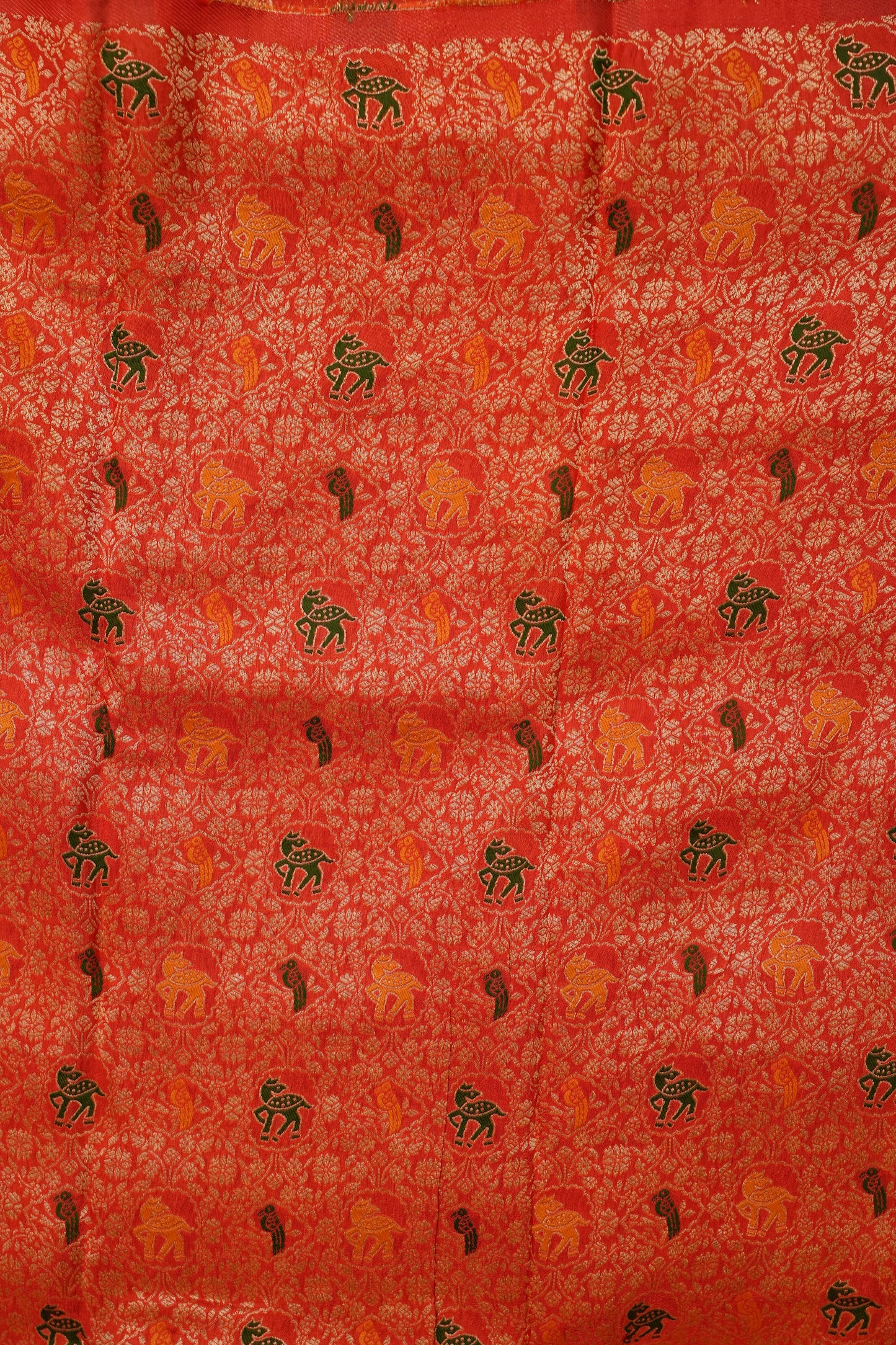 Coral Orange Crepe Silk Saree with Antique Gold Zari Border and Microchecks