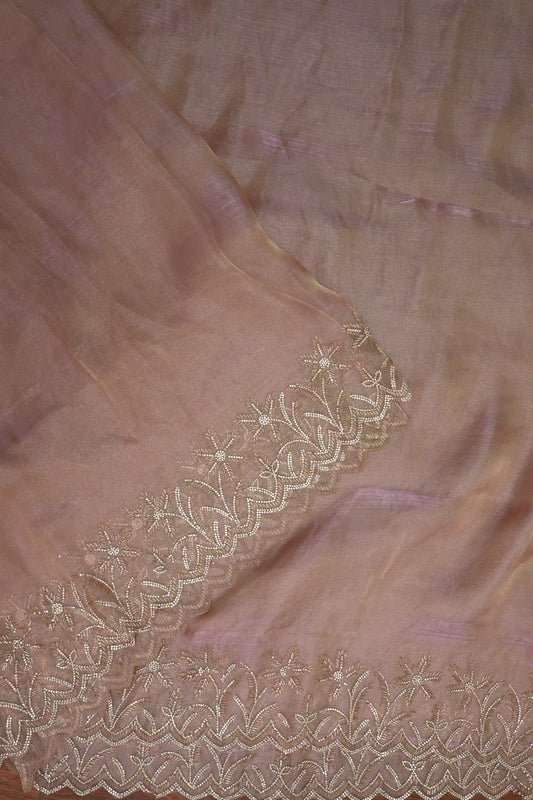 Party Wear Glass Tissue Saree with Embroidered Border & Designer Blouse – Peach