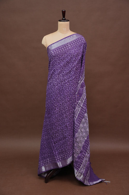 Handcrafted Purple Dabu Print Linen Cotton Saree with Traditional Block Print Patterns