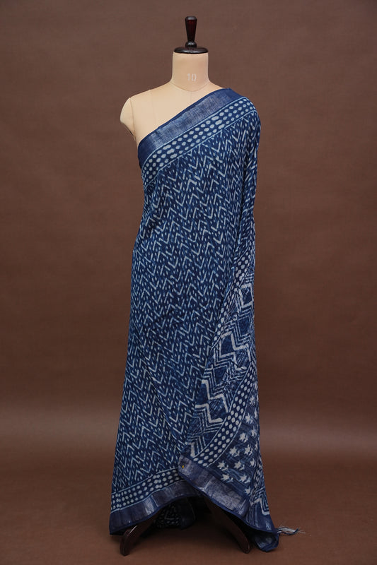 Handcrafted Indigo Dabu Print Linen Cotton Saree with Traditional Block Print Patterns