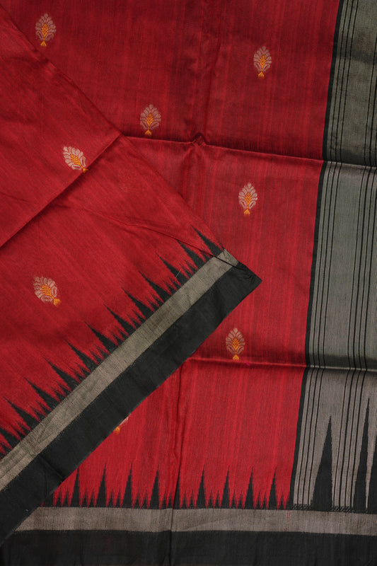 Semi Raw Silk Saree with Temple Border – Red & Black