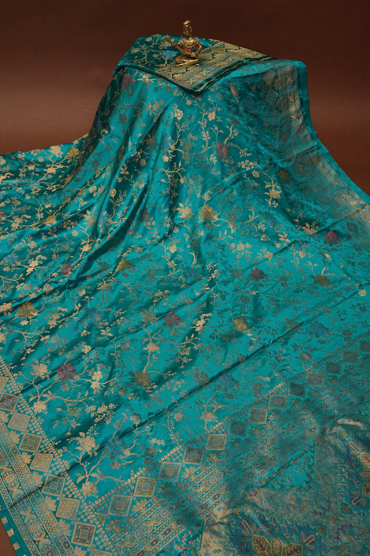 Turquoise Blue Banarasi Satin Silk Saree with Meenakari Floral Zari Weave & Rich Brocade Border-Silk Mark Certified.