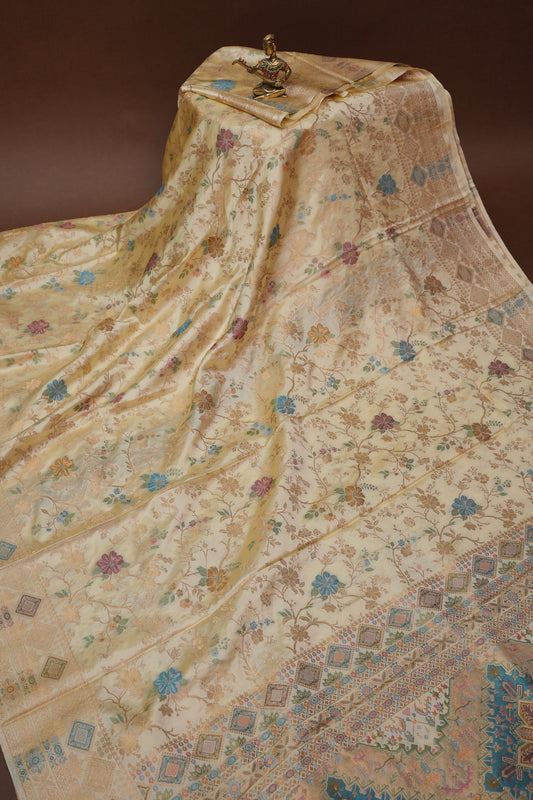 Ivory Banarasi Satin Silk Saree with Meenakari Floral Zari Weave & Heritage Brocade Pallu-Silk Mark Certified.