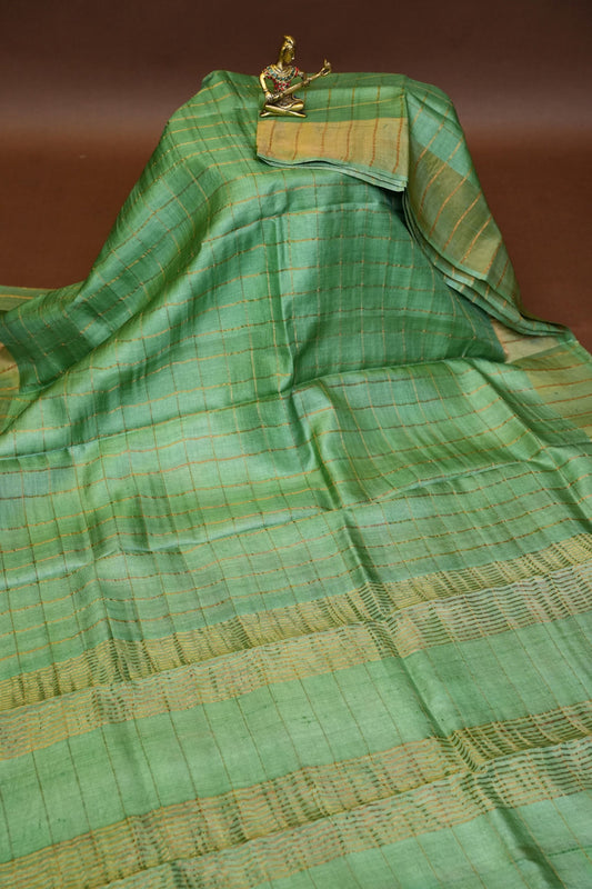 Pure Tussar Silk Saree with Handpainted Blouse-Sea Green|Silk Mark Certified|Pre-Orders ONLY