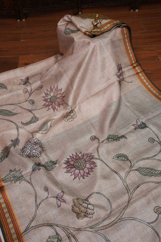 Silk Kota Saree with Sambalpuri Concept Border & Floral Print – Ivory & Black