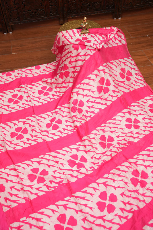 Pure Cotton Saree with Digital Block Prints – Rani Pink & White