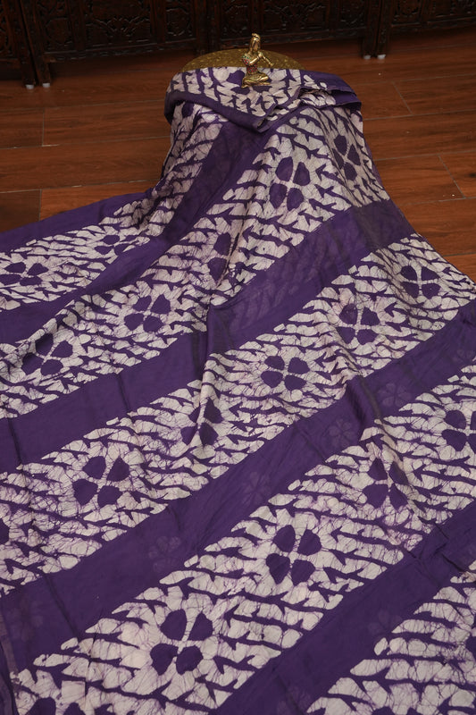 Pure Cotton Saree with Digital Block Prints – Deep Purple & White