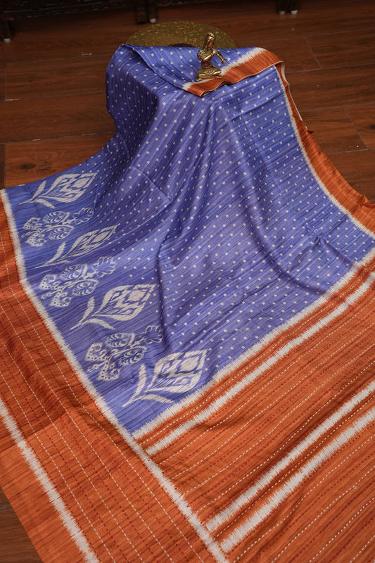 Semi Tussar Saree with Patola Body, Gap Border & Pallu – Periwinkle Blue & Rust Orange