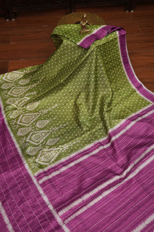 Semi Tussar Saree with Patola Body, Gap Border & Pallu – Olive Green & Magenta