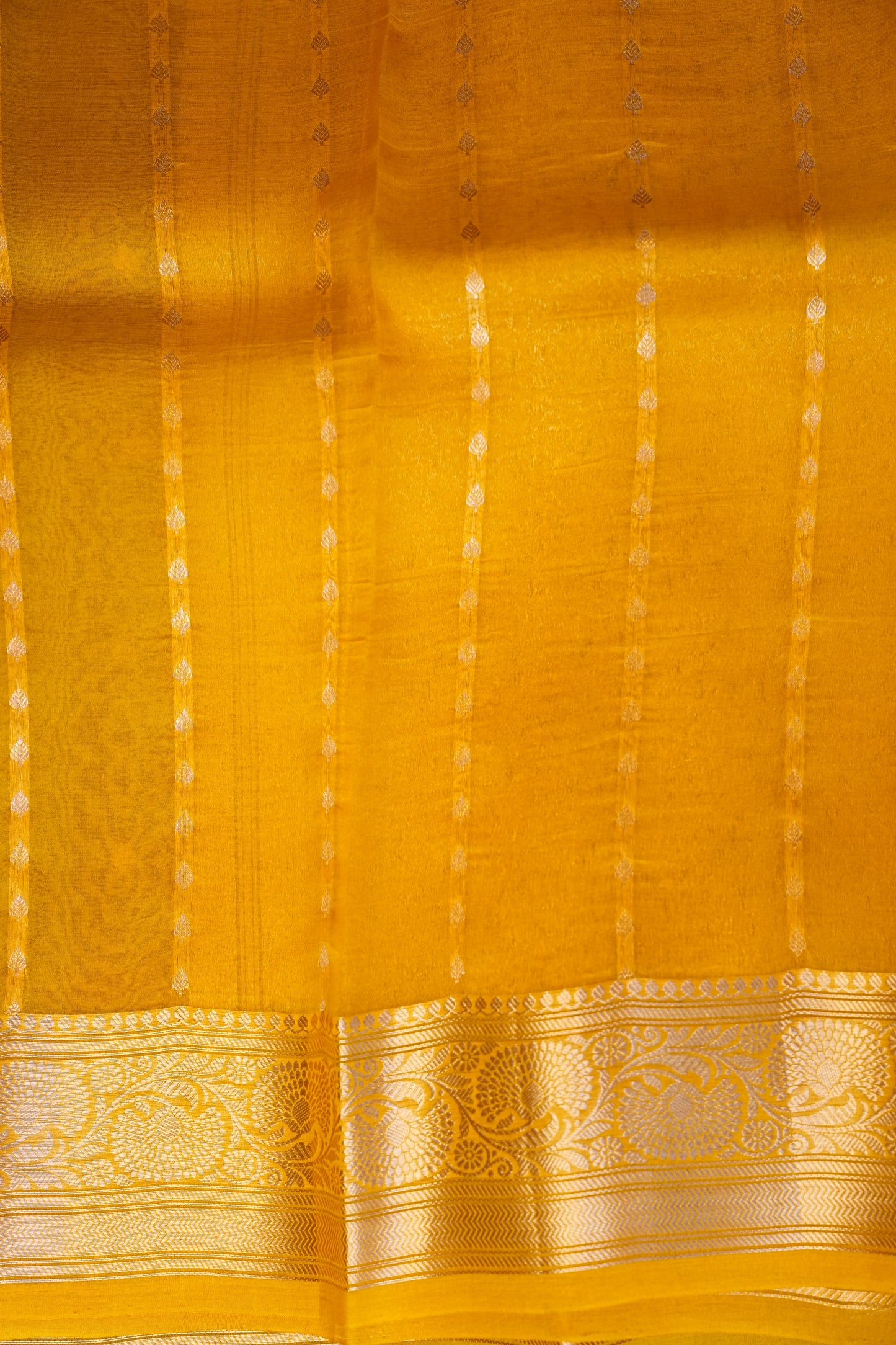 Pure Banarasi Organza (Kora) Silk Handloom Saree with Antique Gold Zari Buttas & Border – Maroon & Mustard | Silk Mark Certified
