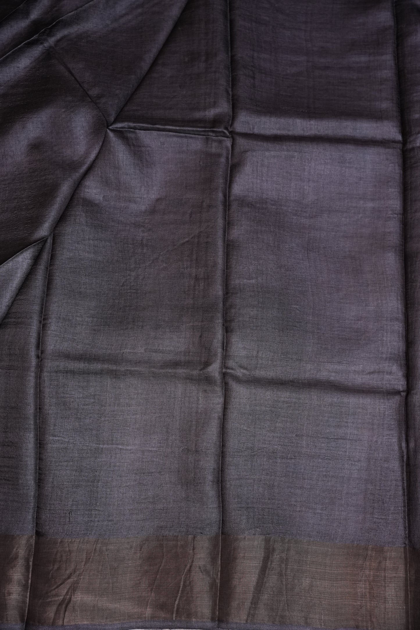Silk Mark Certified Pure Tussar Silk Saree – Charcoal Grey with Silver Leaf Vine Motifs
