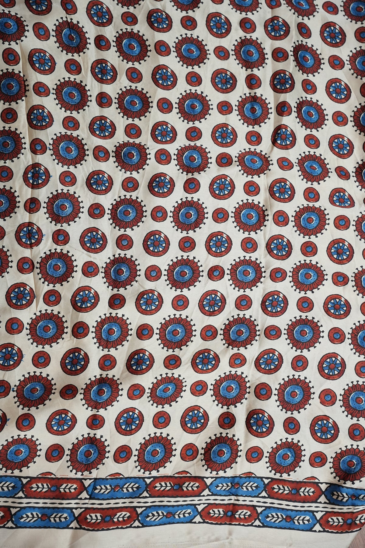 Pure Modal Silk Saree in Beige Base with Blue Ajrakh Block Prints