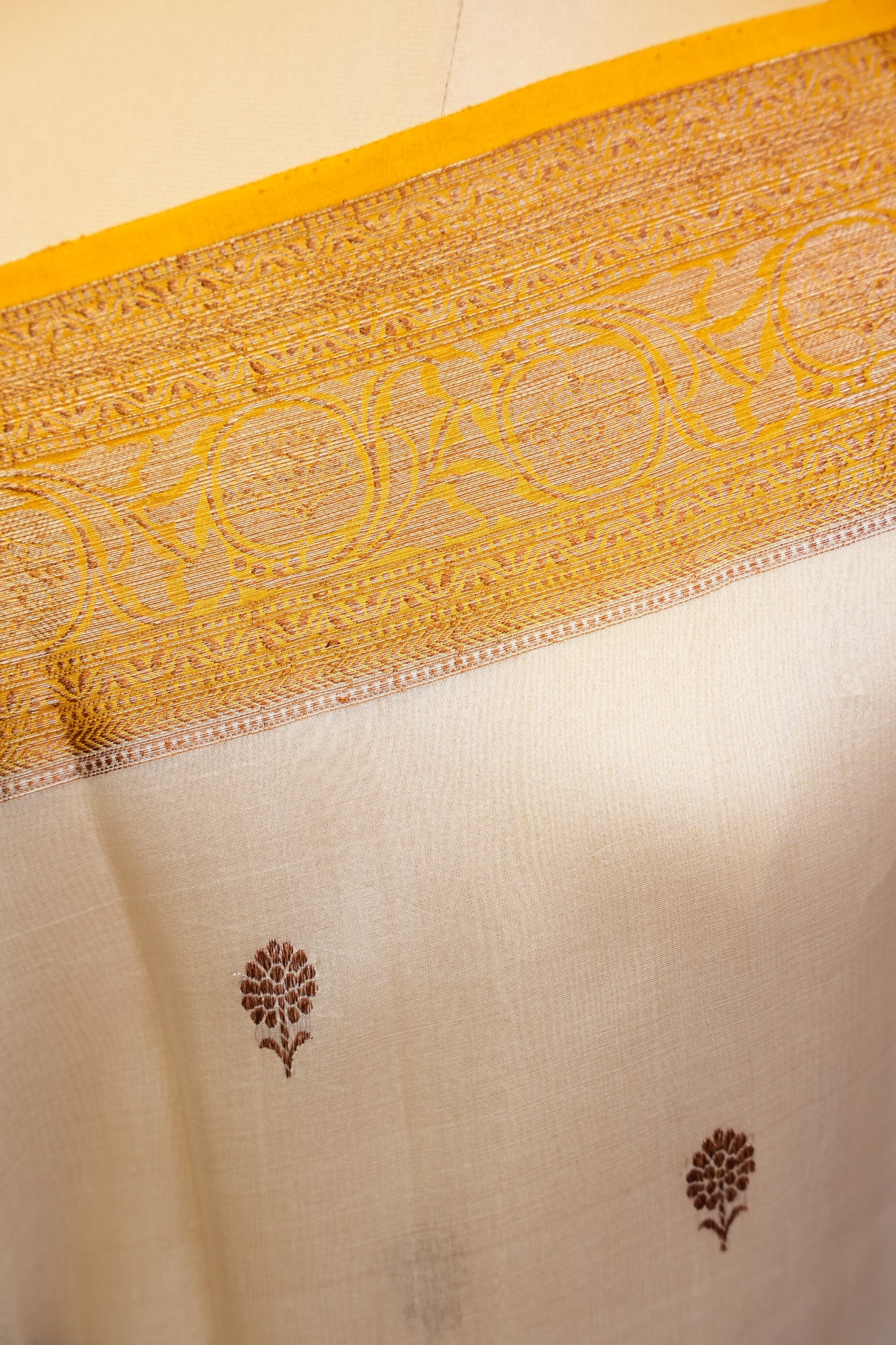 Pure Banarasi Organza(Kora) Silk Handloom Saree with Antique Gold Zari Buttas & Border – Champagne Gold & Mustard | Silk Mark Certified