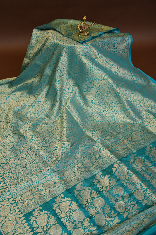 Pure Handloom Silk Katan Banaras Saree-Blue|Silk Mark Certified