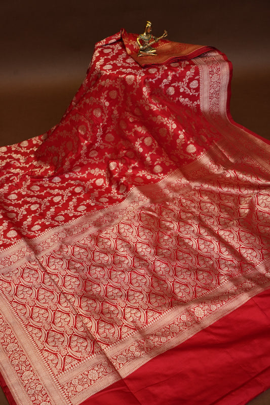 Pure Handloom Silk Katan Banaras Saree-Red|Silk Mark Certified