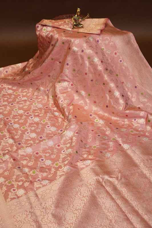 Pure Handloom Silk Katan Banaras Saree-Pinkish Peach|Silk Mark Certified