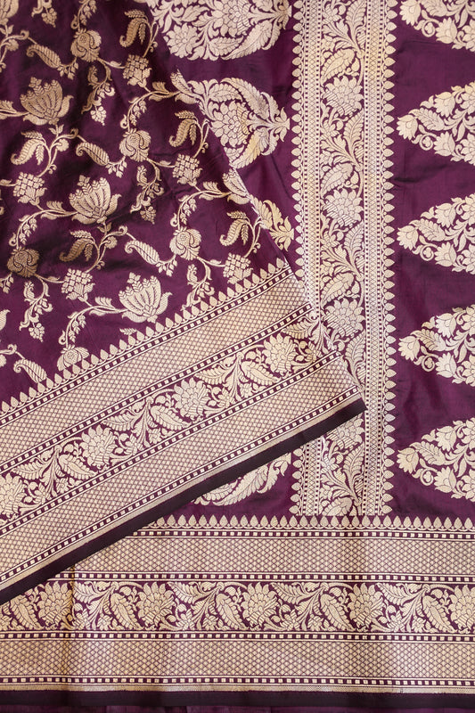 Pure Handloom Silk Katan Banaras Saree-Wine|Silk Mark Certified