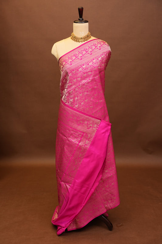 Pure Handloom Silk Katan Banaras Saree-Hot Pink|Silk Mark Certified