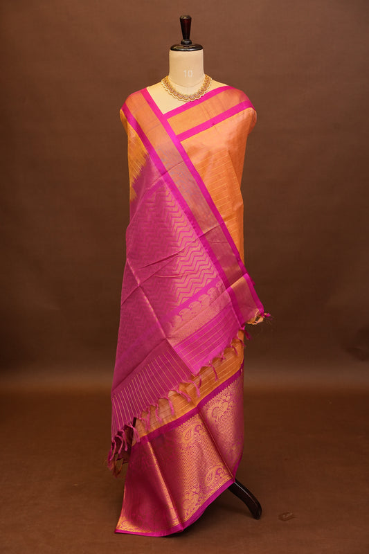 Pure Kuppadam Saree - Light Orange with Pink