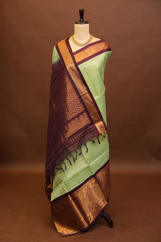 Pure Kuppadam Saree - Pistachio Green & Coffee