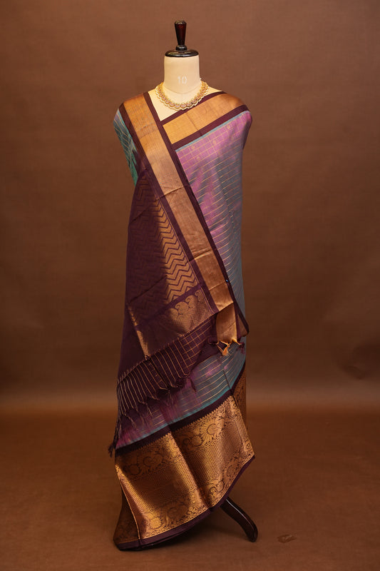 Pure Kuppadam Saree - Steel Blue & Pink