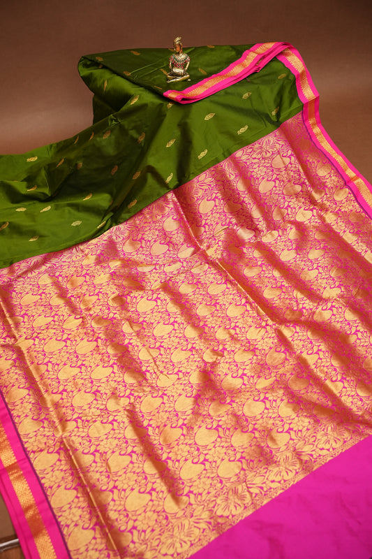 Semi Silk 9-Yard Saree with Paithani Pallu & Gatti Border – Olive Green & Pink