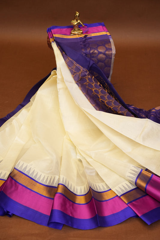 Pure Kuppadam Korvai Pattu Saree-Ivory & Blue