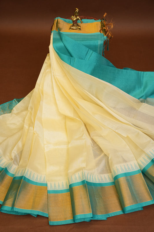 Pure Kuppadam Korvai Pattu Saree-Ivory and Turquoise Green
