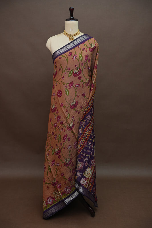 Chanderi Cotton Saree with Kalamkari Prints & Embroidered Pallu – Peach & Purple