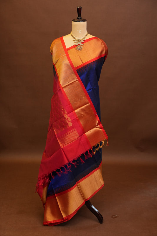 Pure Kuppadam Korvai Pattu Saree-Royal Blue & Red