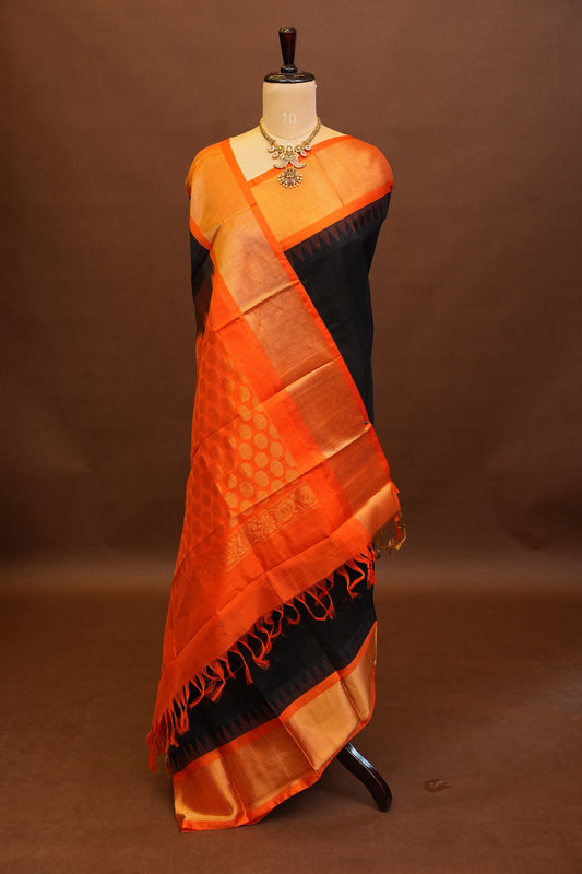Pure Kuppadam Korvai Pattu Saree-Black & Orange