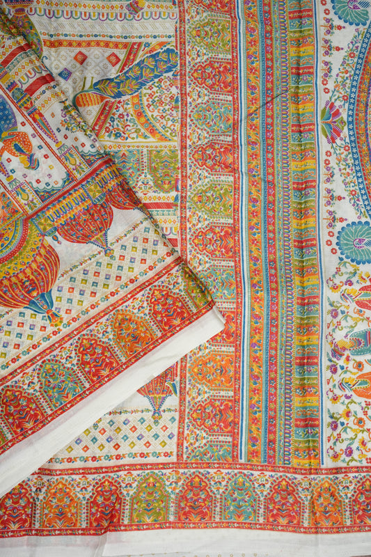 Semi Georgette Saree with Royal Palace Heritage Print – White