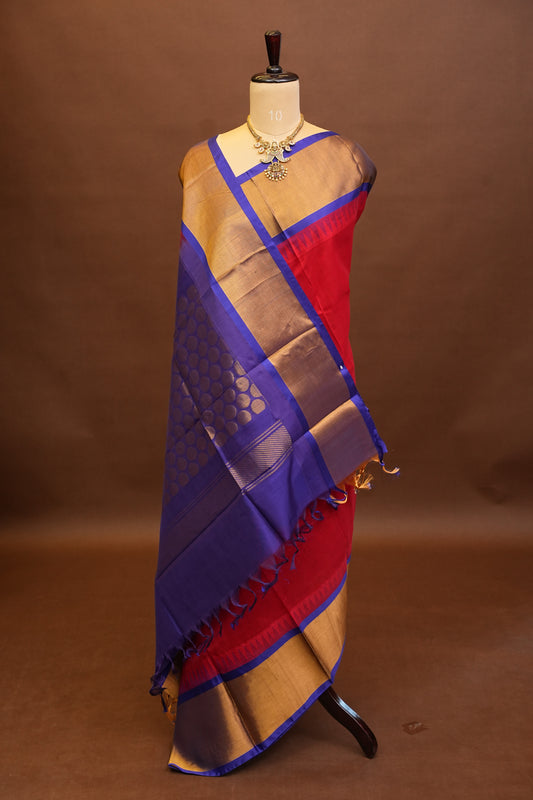 Pure Kuppadam Korvai Pattu Saree-Red & Royal Blue