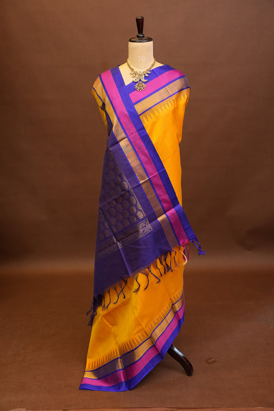 Pure Kuppadam Korvai Pattu Saree-Yellow & Blue