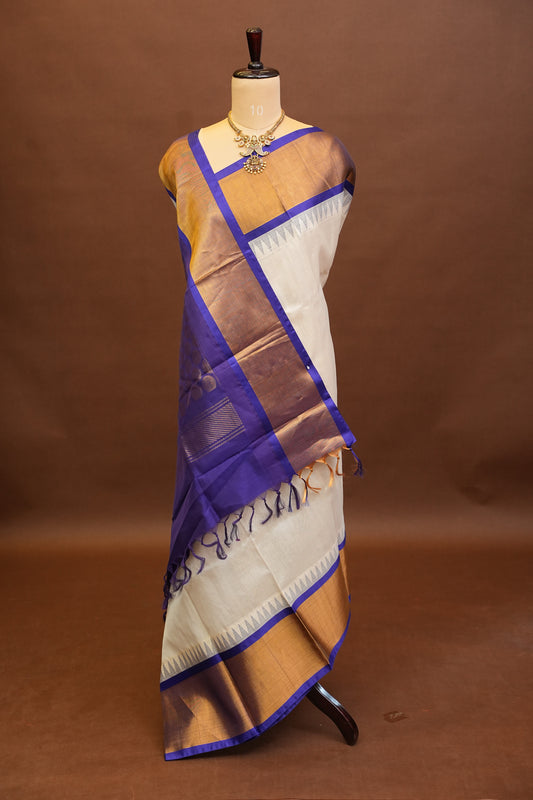 Pure Kuppadam Korvai Pattu Saree-Ivory & Royal Blue