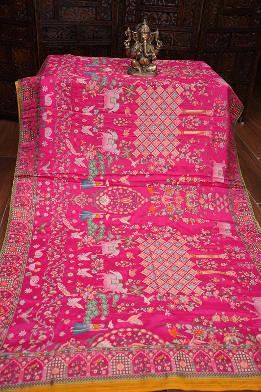 Kashmiri Pashmina Story Telling Saree - Hot Pink