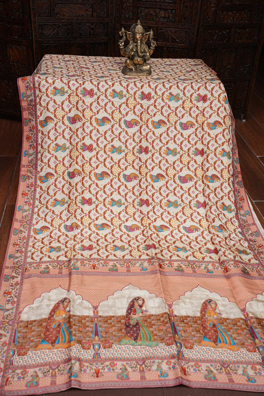 Kashmiri Pashmina Story Telling Saree - Ivory