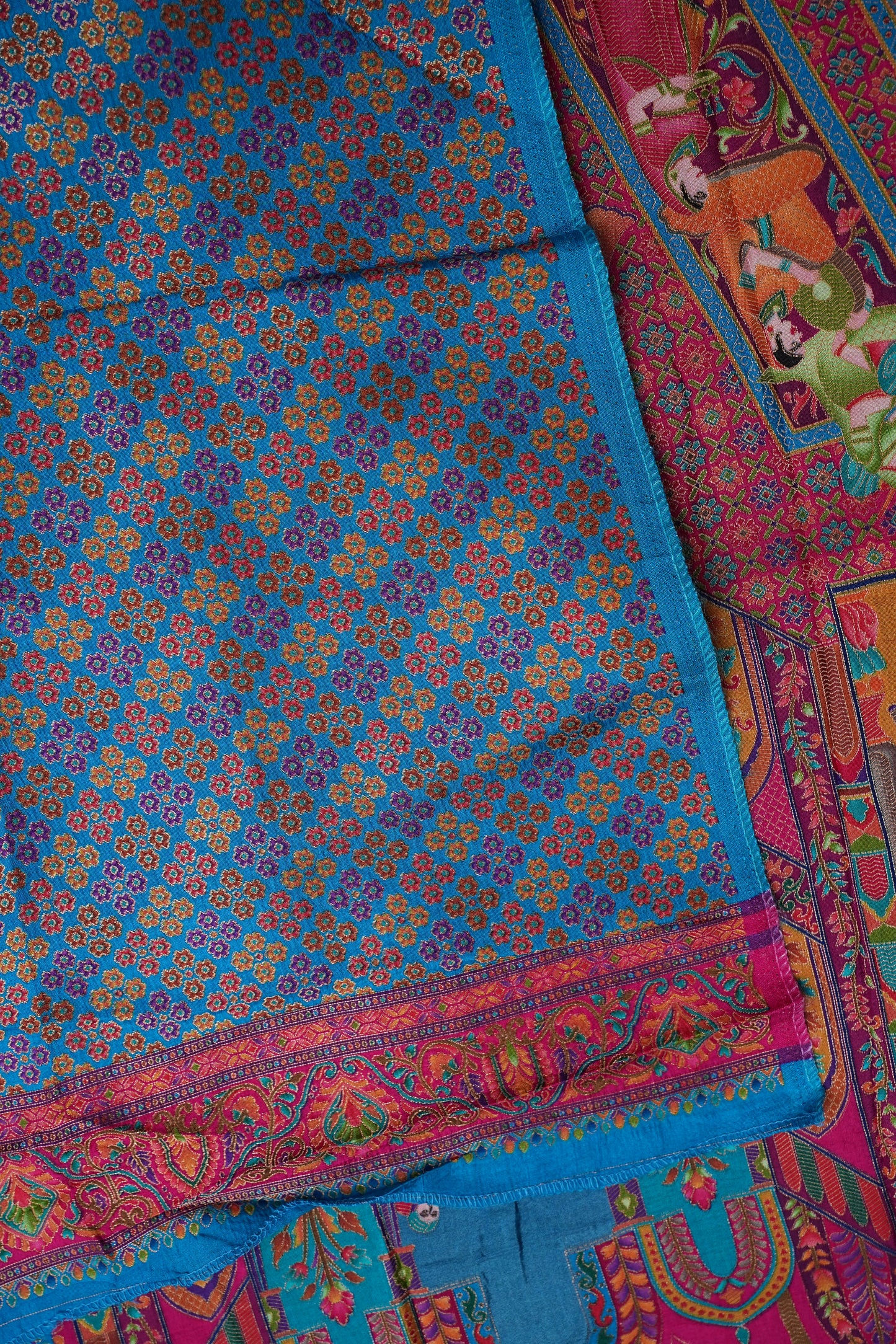 Kashmiri Pashmina Story Telling Saree - Pink & Blue